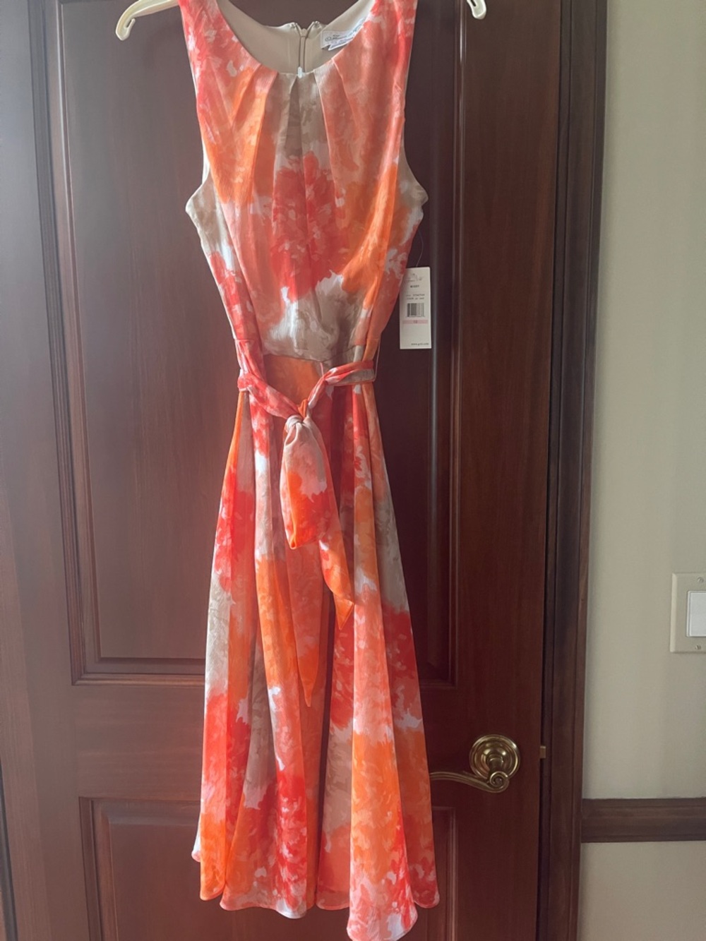 Sleeveless Orange Lined Watercolor Tie-Waist Midi Dress